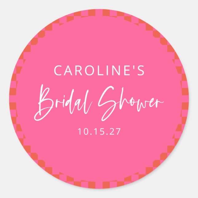 Hot Pink Orange Retro Chequerboard Bridal Shower Classic Round Sticker (Front)