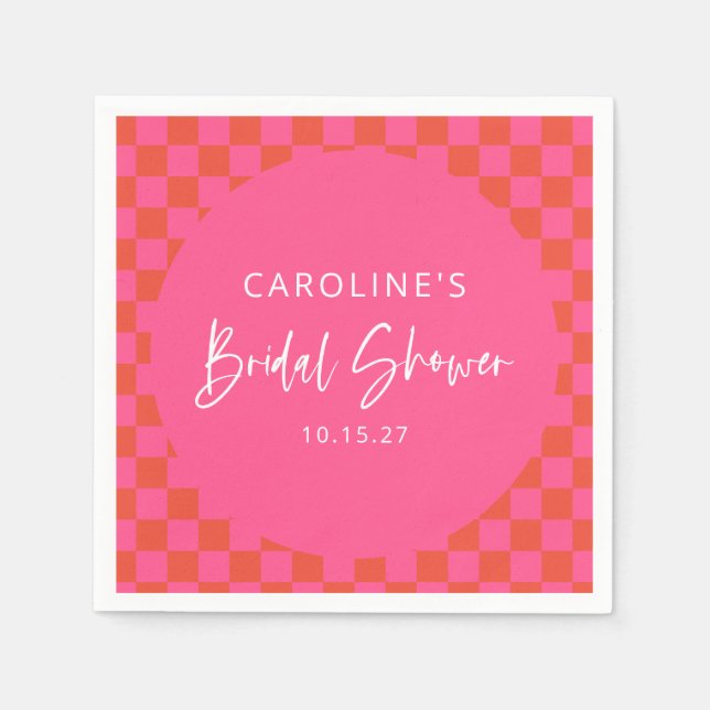 Hot Pink Orange Retro Chequerboard Bridal Shower Napkin (Front)