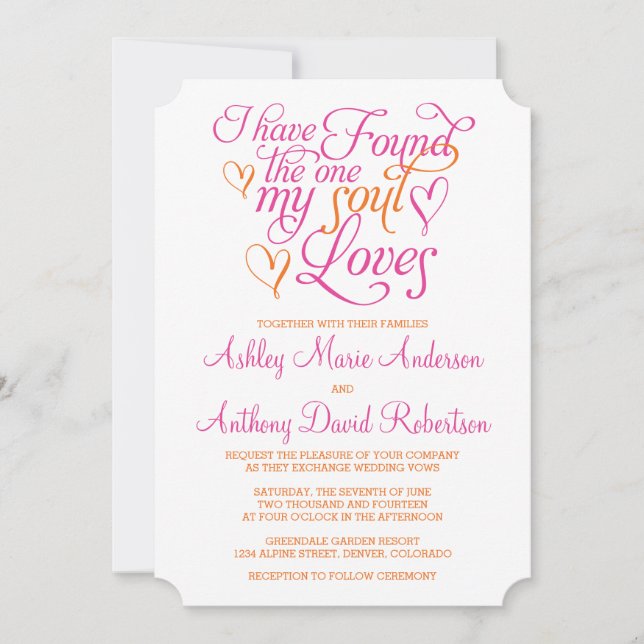 Hot Pink Orange Soul Loves Heart Wedding Invitation (Front)