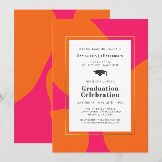 Hot Pink Orange Trendy Graduation Party Invitation (Front/Back)