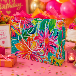 Hot Pink Orange Tropical Watercolor Flowers  Large Gift Bag