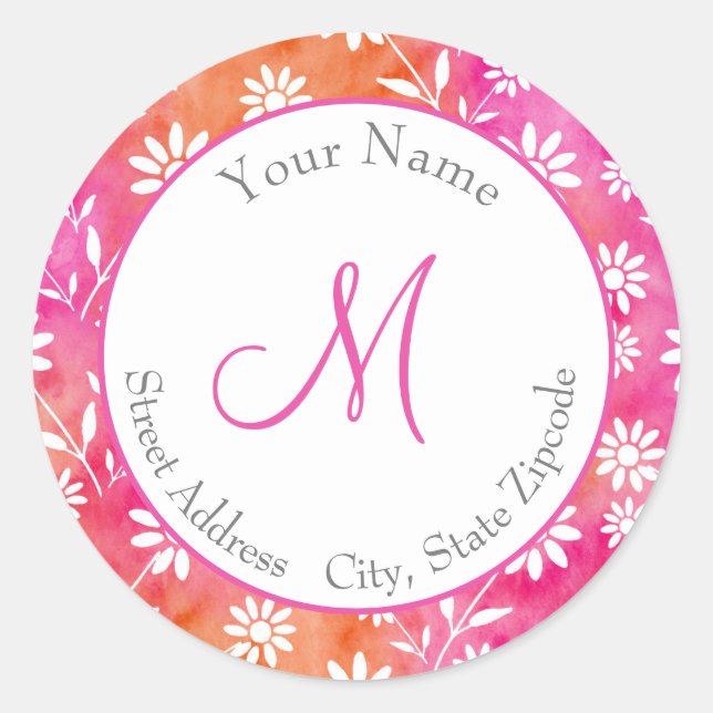 Hot Pink, Orange Watercolor Abstract Daisies Label (Front)