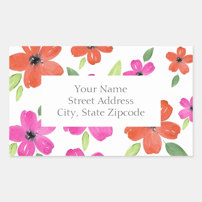 Hot Pink & Orange Watercolor Floral Motif Labels  (Front)