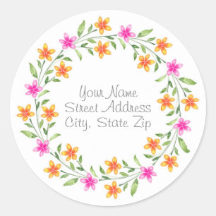 Hot Pink & Orange Watercolor Floral Wreath Labels