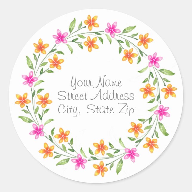 Hot Pink & Orange Watercolor Floral Wreath Labels (Front)