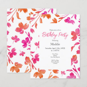 Hot Pink & Orange Watercolor Flower Stems   Invitation