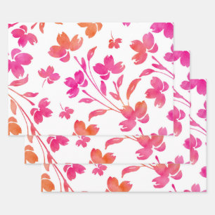 Hot Pink & Orange Watercolor Flower Stems  Wrapping Paper Sheet