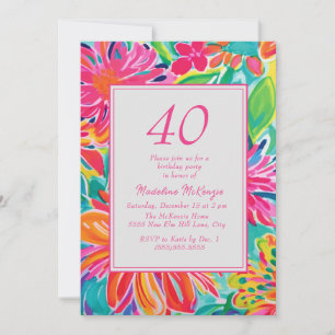 Hot Pink Orange Watercolor Flowers 40th Birthday Invitation