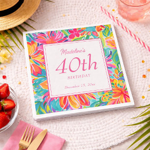 Hot Pink Orange Watercolor Flowers 40th Birthday Napkin