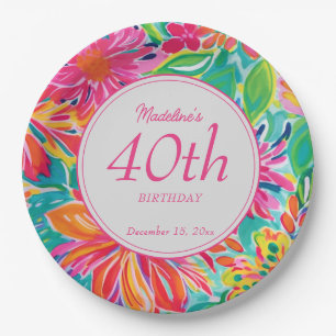 Hot Pink Orange Watercolor Flowers 40th Birthday Paper Plate