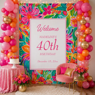 Hot Pink Orange Watercolor Flowers 40th Birthday Tapestry