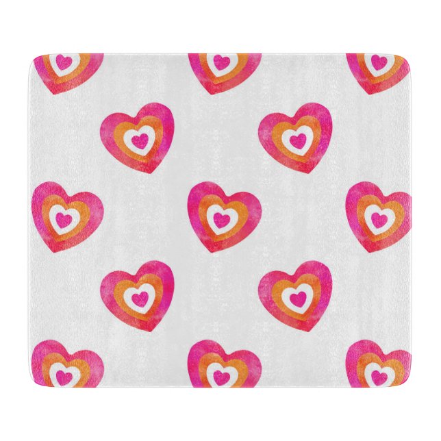 Hot Pink Orange Watercolor Heart Pattern Cutting Board (Front)
