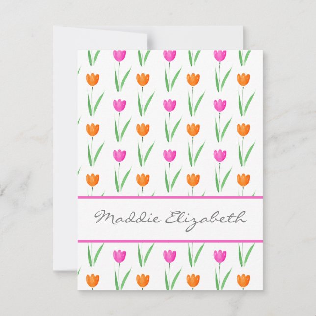 Hot Pink & Orange Watercolor Tulip Pattern  Card (Front)