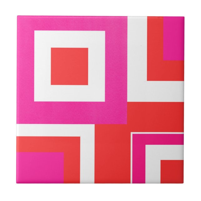 Hot Pink Orange White Geometric Block Tile (Front)