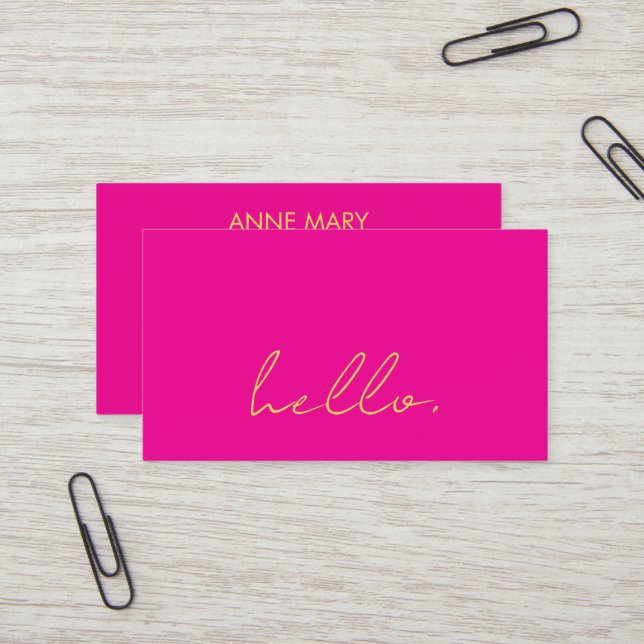 Hot Pink Orange Yellow Hello Script Typography Business Card (Front/Back In Situ)