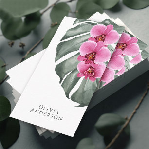 Hot Pink Orchids on Monstera Tropical Botanical Business Card