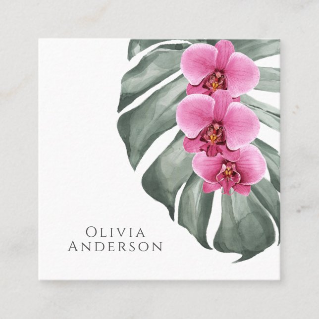 Hot Pink Orchids on Monstera Tropical Botanical Square Business Card (Front)