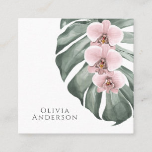Hot Pink Orchids on Monstera Tropical Botanical Square Business Card