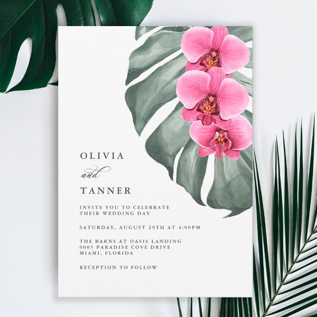 Hot Pink Orchids on Monstera Tropical  Wedding Invitation (Creator Uploaded)