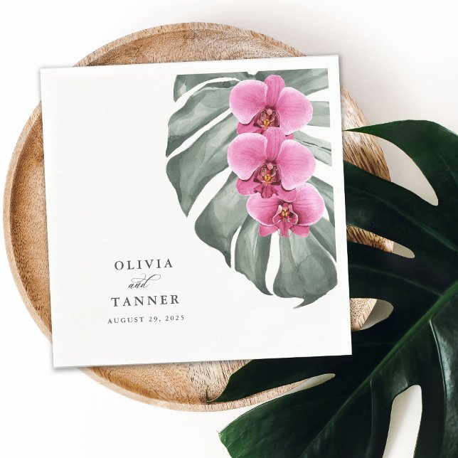 Hot Pink Orchids on Monstera Tropical Wedding Napkin (Creator Uploaded)