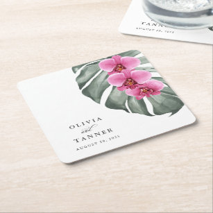Hot Pink Orchids on Monstera Tropical Wedding Square Paper Coaster