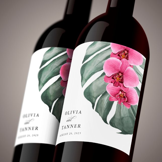 Hot Pink Orchids on Monstera Tropical Wedding Wine Label (Creator Uploaded)