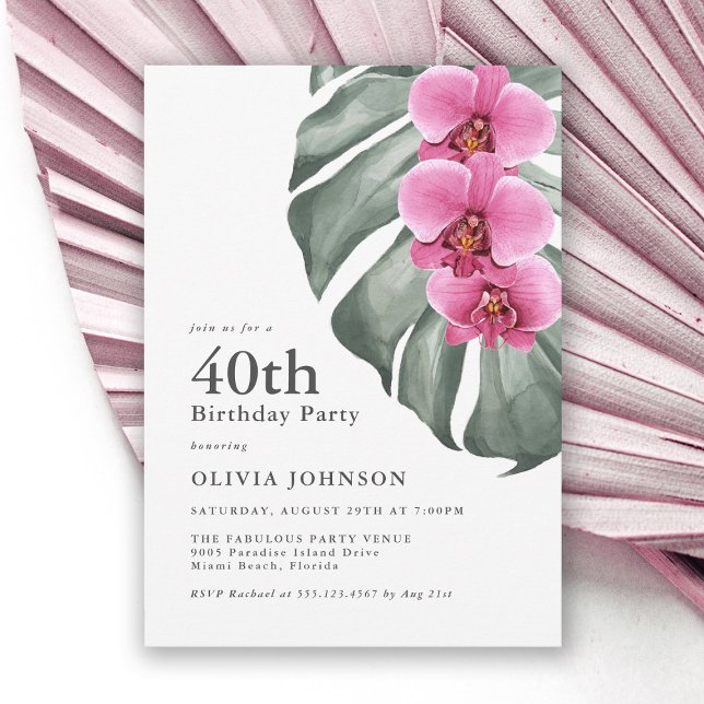 Hot Pink Orchids Tropical 40th Birthday Party Invitation (Creator Uploaded)
