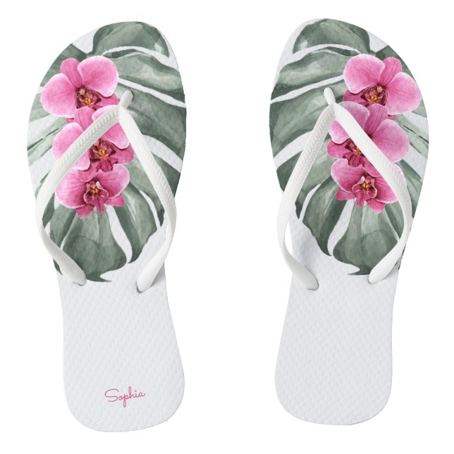 Hot Pink Orchids Tropical Floral with Your Name Flip Flops (Footbed)