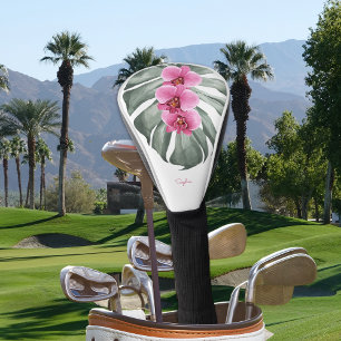 Hot Pink Orchids Tropical Floral with Your Name Golf Head Cover