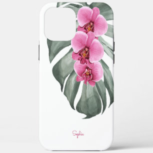 Hot Pink Orchids Tropical Floral with Your Name iPhone 12 Pro Max Case