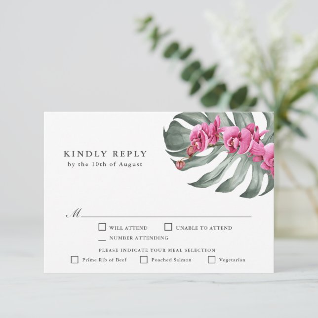 Hot Pink Orchids Tropical RSVP with Entrees Card (Standing Front)