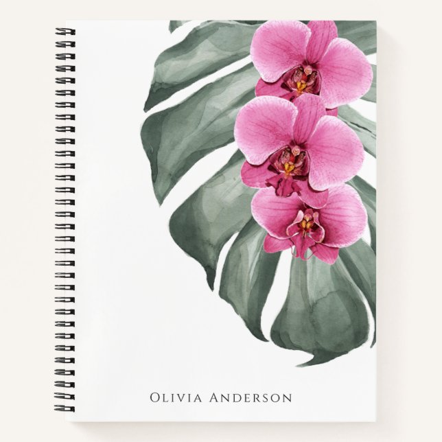 Hot Pink Orchids Tropical Watercolor Floral Notebook (Front)