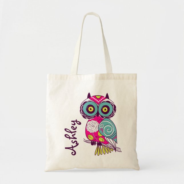 Hot Pink Ornate Floral Owl | Personalised Tote Bag (Front)