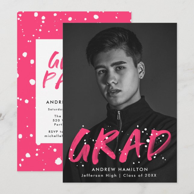 Hot Pink Paint Splatter Photo Graduation Party Invitation (Front/Back)