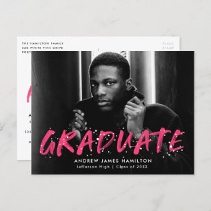 Hot Pink Paint Splatter Photo Graduation Party Invitation Postcard
