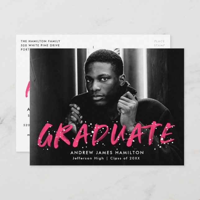 Hot Pink Paint Splatter Photo Graduation Party Invitation Postcard (Front/Back)