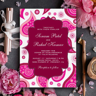 Hot Pink Paisley Pattern Indian Wedding Invitation
