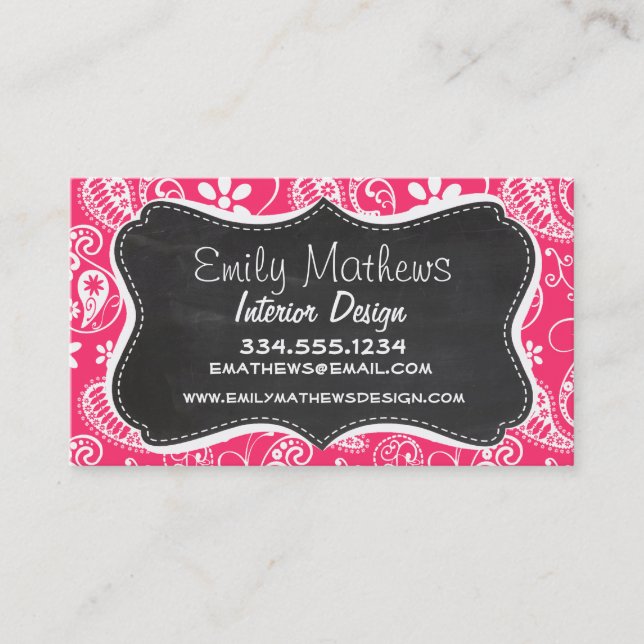 Hot Pink Paisley; Vintage Chalkboard Business Card (Front)
