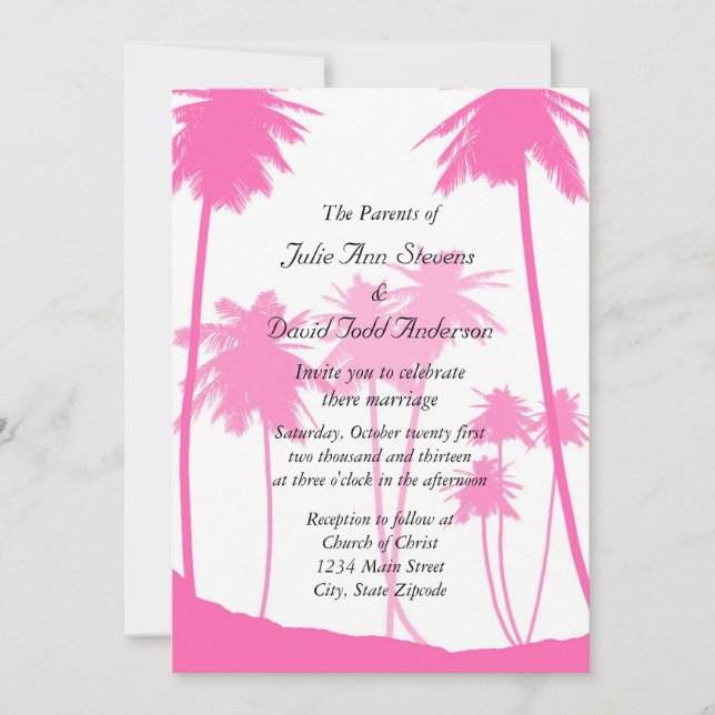 Hot Pink Palm Trees Tropical Wedding Invitation (Front)