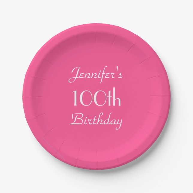 Hot Pink Paper Plates, 100th Birthday Party Paper Plate (Front)