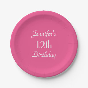 Hot Pink Paper Plates, 12th Birthday Party Plate