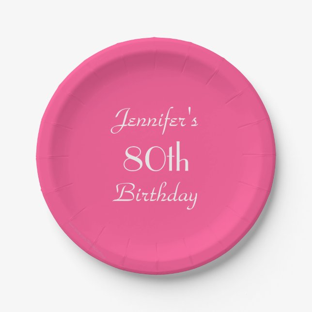 Hot Pink Paper Plates, 80th Birthday Party Paper Plate (Front)