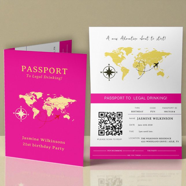 Hot Pink Passport Style 21st Birthday Party  Announcement (colors can be changed just message with the color hex code you want and ill be happy to change it.)