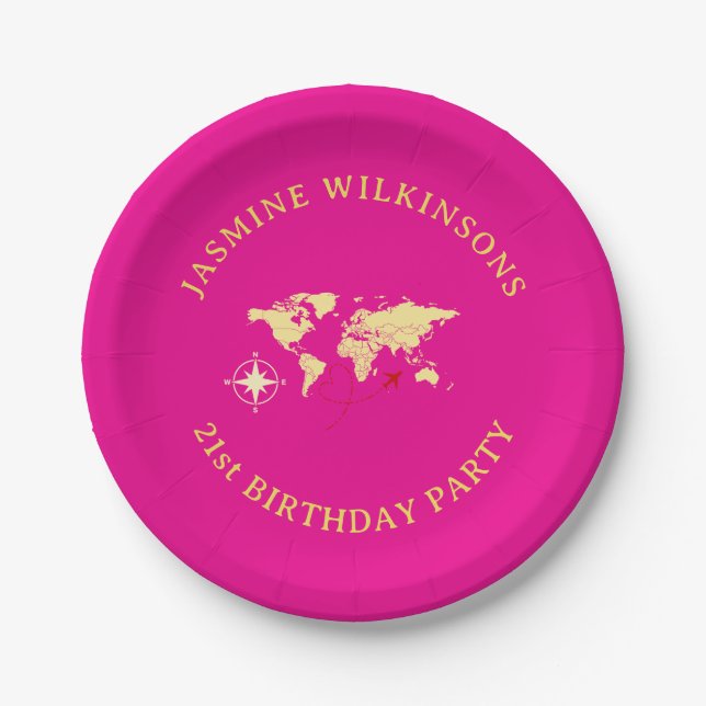 Hot Pink Passport Style 21st Birthday Party  Paper Plate (Front)