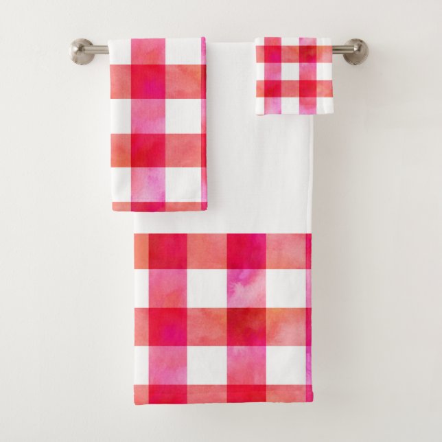 Hot Pink Peach Watercolor Plaid Bath Towel Set (Insitu)