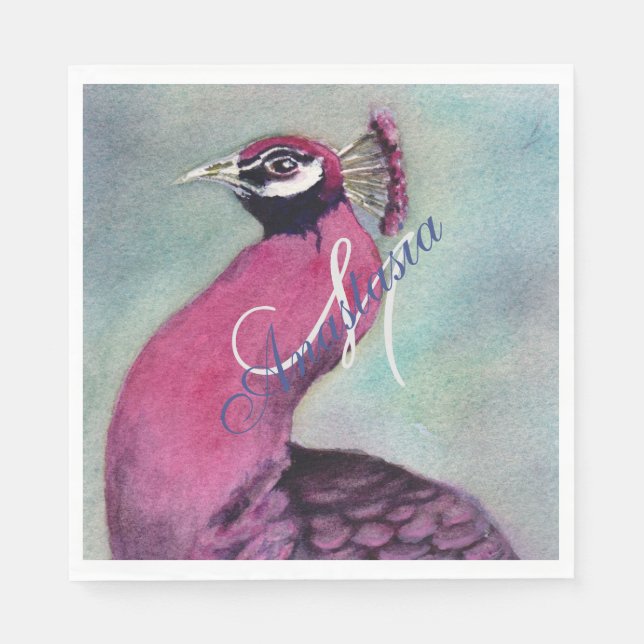 HOT PINK PEACOCK MONOGRAM PARTY NAPKIN (Front)