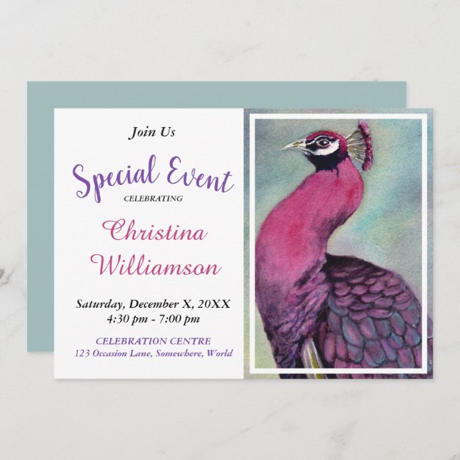 HOT PINK PEACOCK PARTY EVENT INVITE (Front/Back)