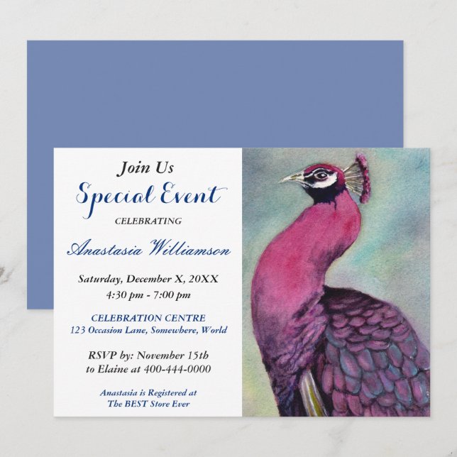 HOT PINK PEACOCK PARTY EVENT INVITE (Front/Back)