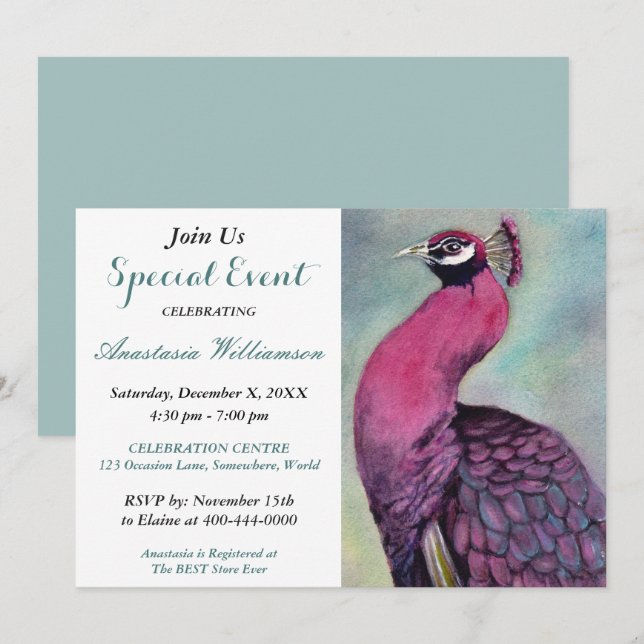 HOT PINK PEACOCK PARTY EVENT INVITE (Front/Back)