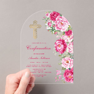 Hot Pink Peonies Arch Confirmation Acrylic Invitations
